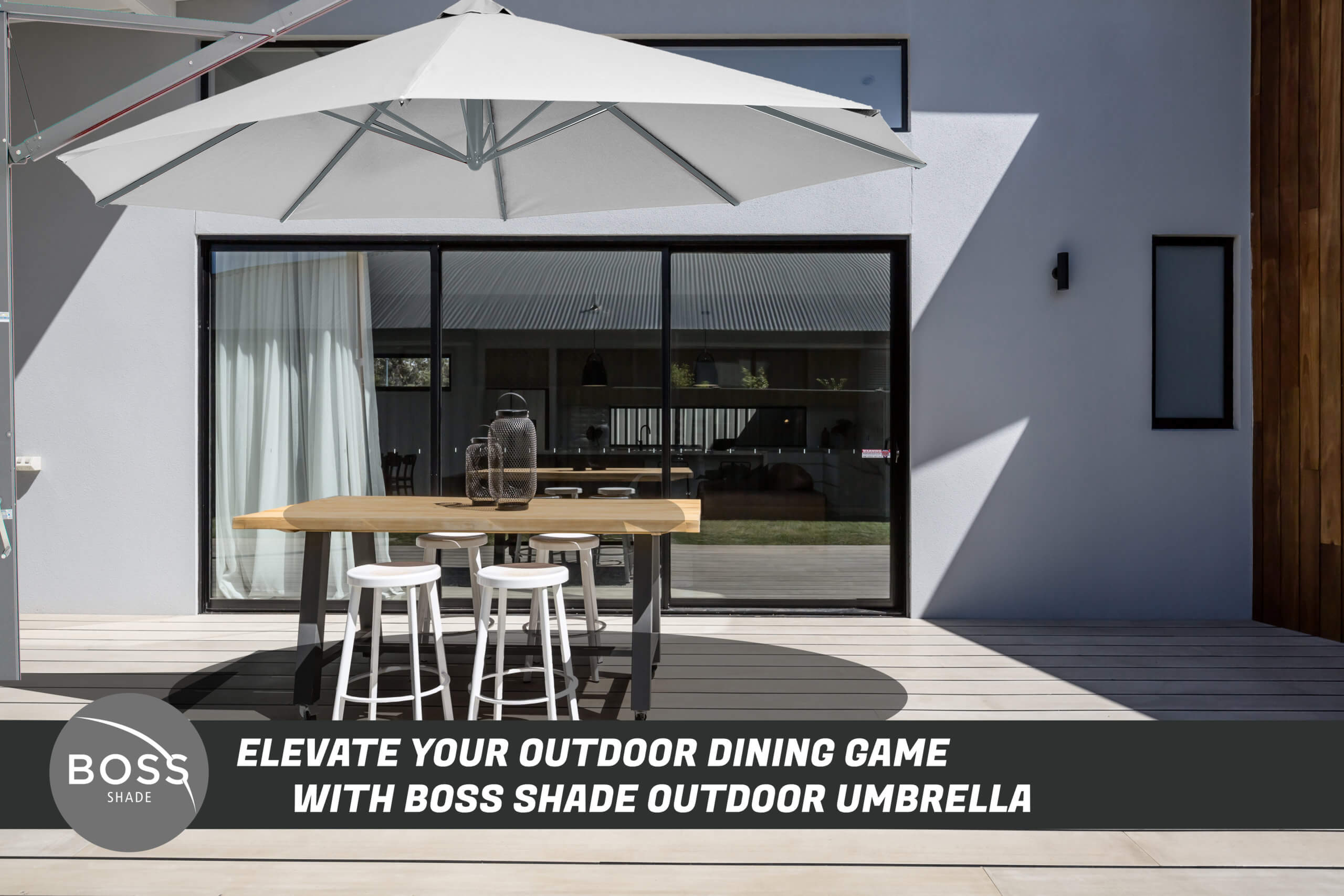 outdoor dining deck with white umbrella