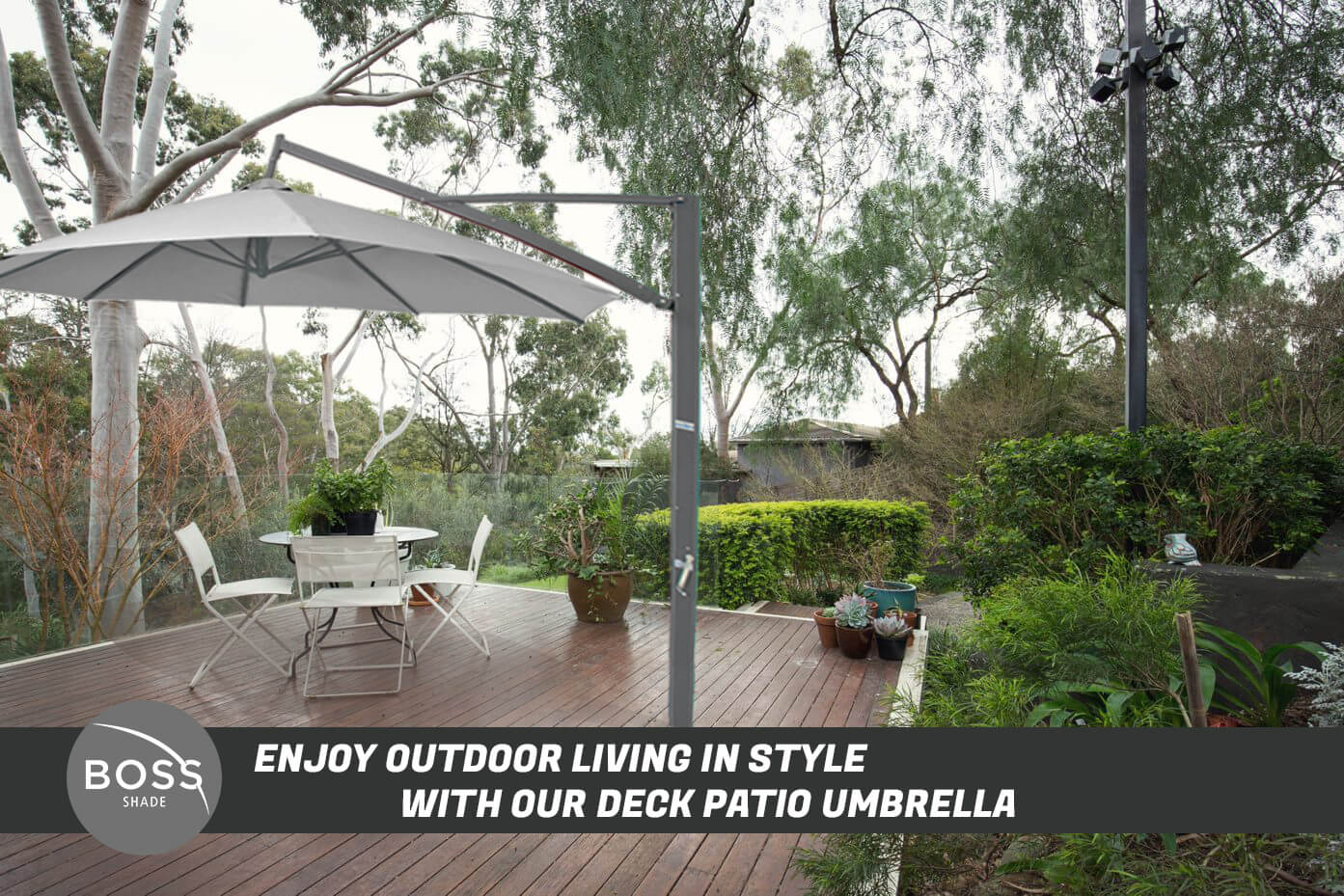patio with white cantilever umbrella