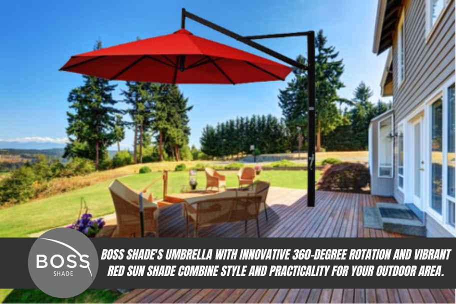red cantilever umbrella with 360 degree rotation. 