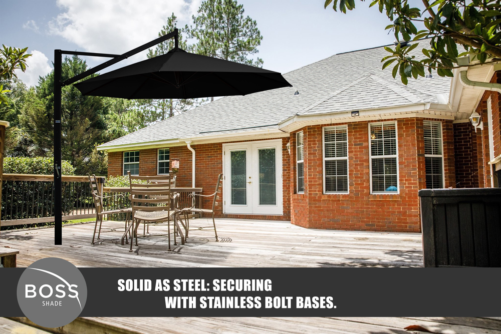 outdoor dining deck with white cantilever umbrella